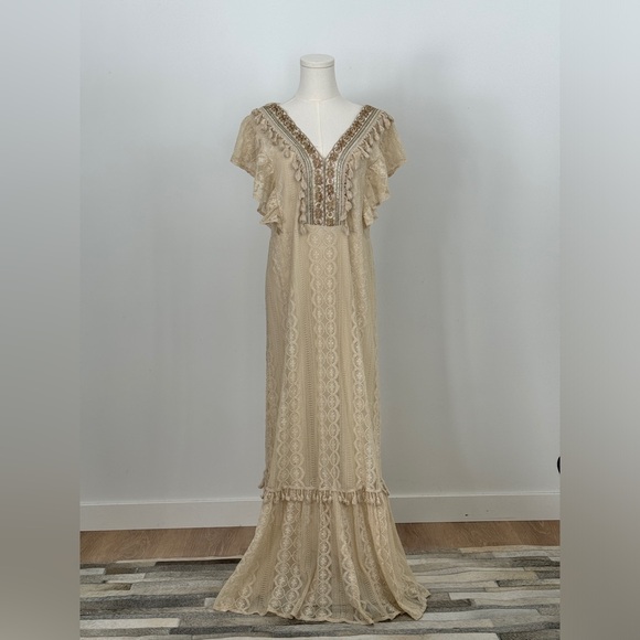 Vanessa Alexandra Lace Dress, Medium, Ivory/Cream, Boho, Gold Sequin - Picture 1 of 4